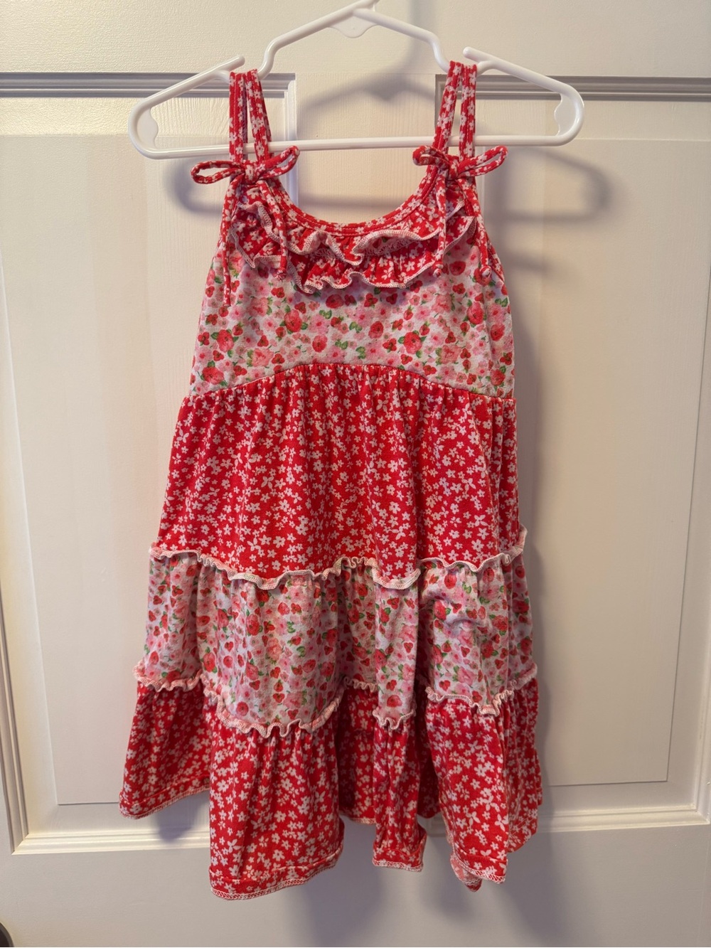 Jona Michelle Red Floral Tiered Sundress with Strawberry Print